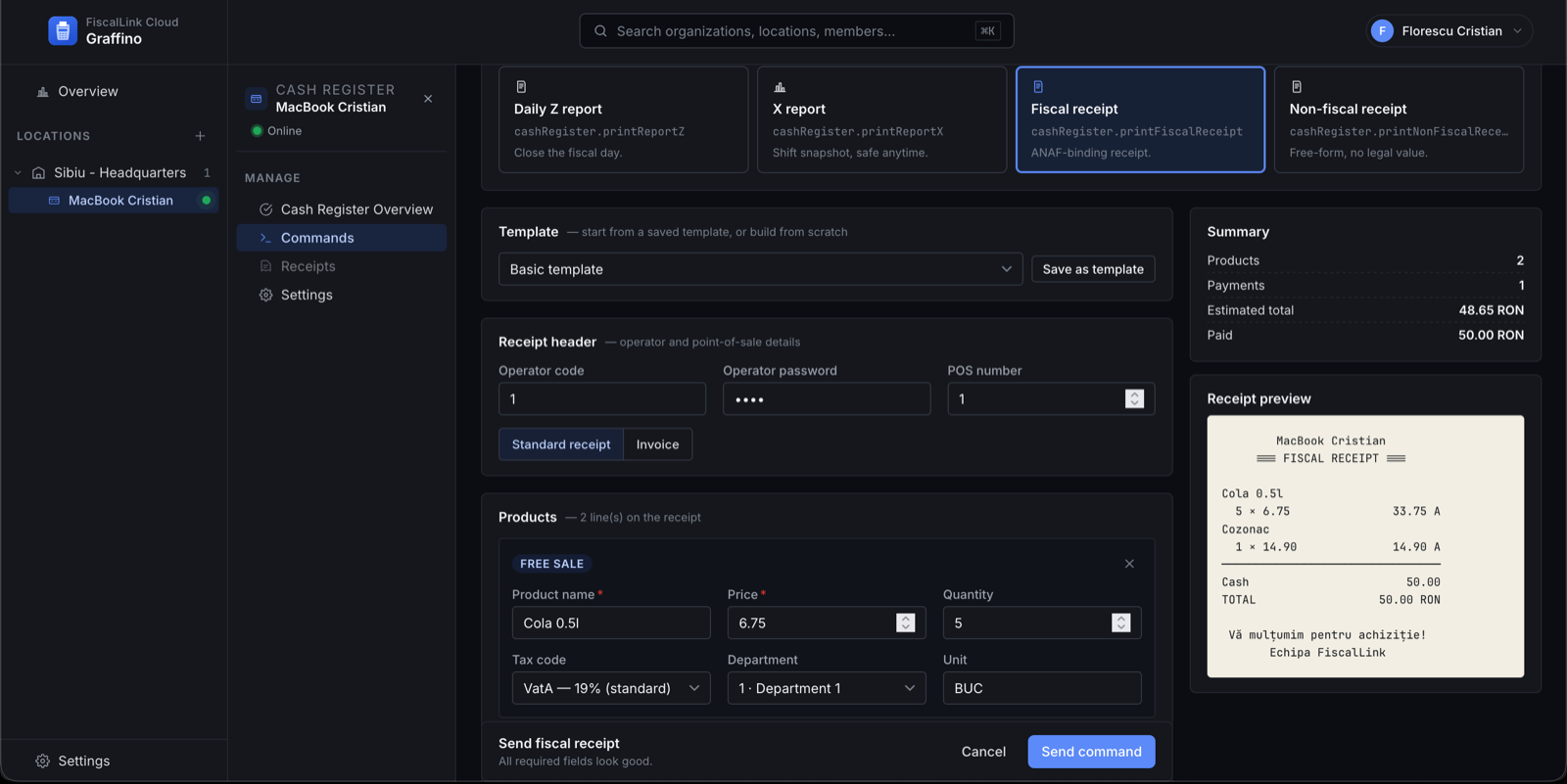 Panoul FiscalLink Cloud — comenzi și bon fiscal