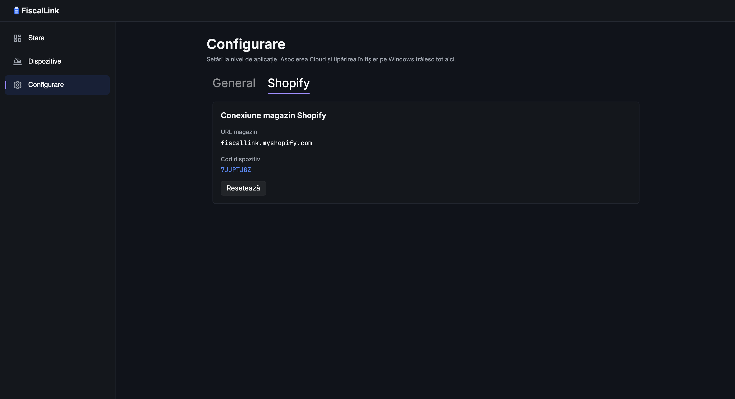 FiscalLink Configurare — temă întunecată