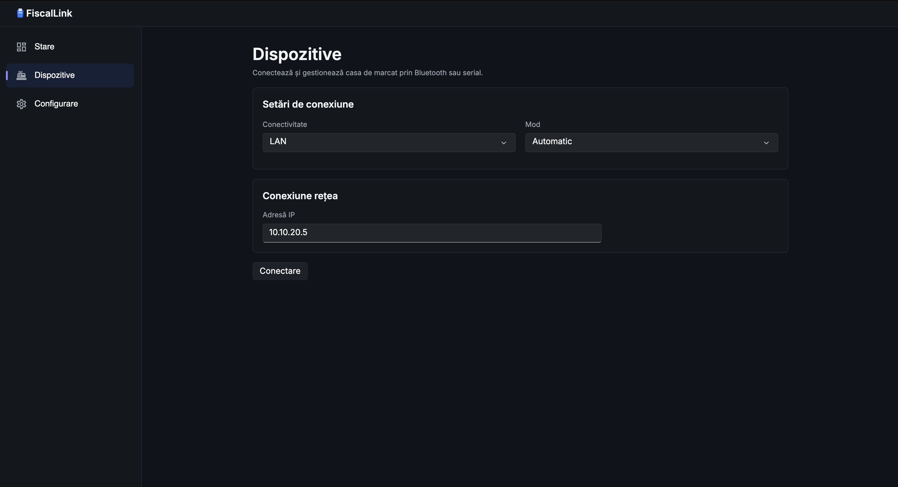 FiscalLink Dispozitive — temă întunecată