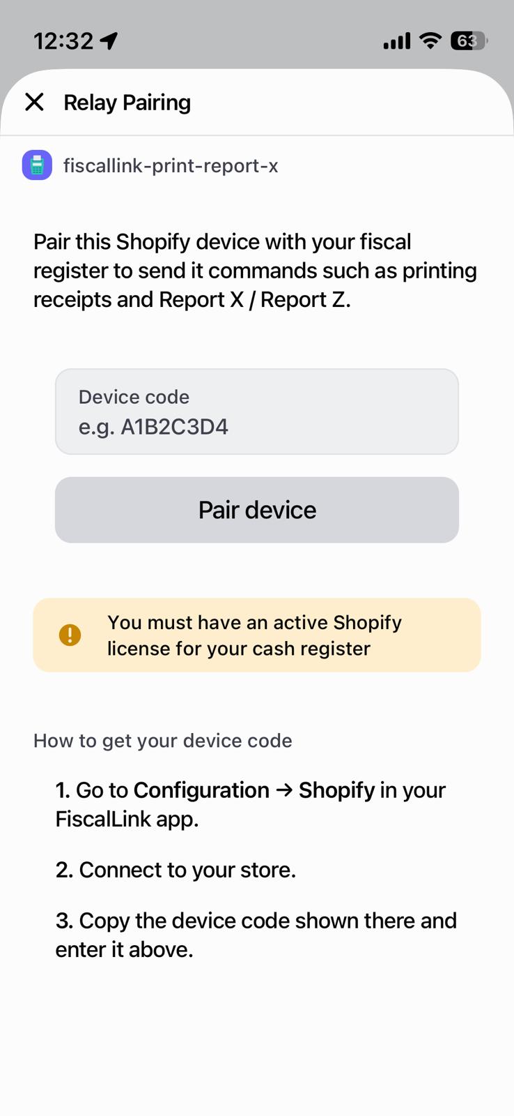 Shopify POS — împerechere dispozitiv FiscalLink